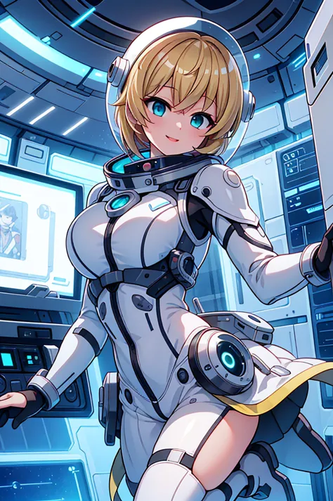 One girl, blonde_hair, 一人in,(Space Helmet):6, green_eye, Looking_in_Audience,green色_White_Futuristic_diving_suit, Realistic, che...