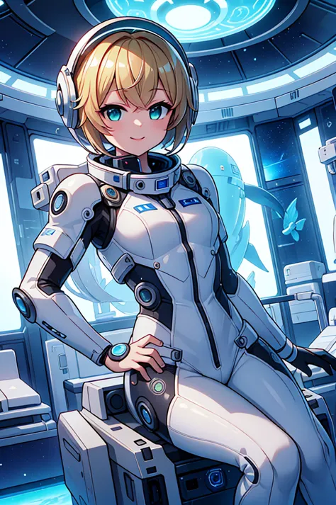 One girl, blonde_hair, 一人in,(Space Helmet):6, green_eye, Looking_in_Audience,green色_White_Futuristic_diving_suit, Realistic, che...