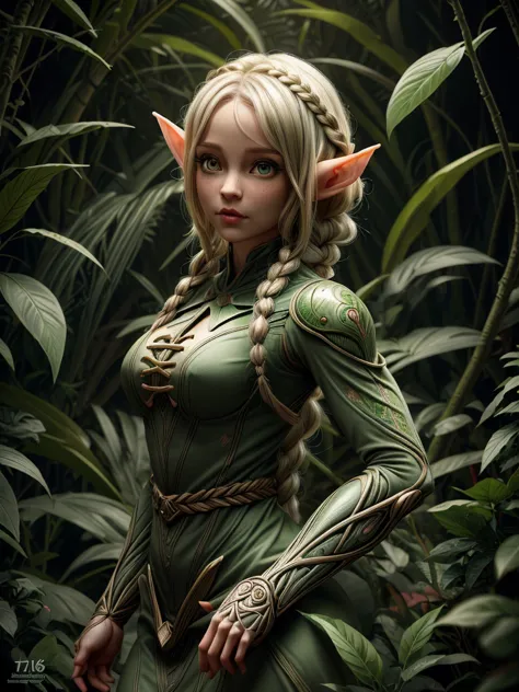 female cute elf, (anatomical biometrical hands), in a jungle, two braid hair, perfect body shape, ((wearing cute elf dress)), cu...