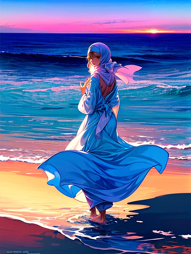 Create a watercolor painting of a person standing at the edge of the sea, facing the horizon. The scene should depict gentle waves lapping at the shore and a clear sky overhead. The person is dressed in a flowing, light-colored robe with a dark headscarf, their back facing the viewer. The composition should emphasize the serene and tranquil atmosphere, capturing the interplay of light and shadow on the water and the person's clothing. Use soft, fluid brushstrokes and pastel colors to create a dreamy, soothing effect. Hijab.