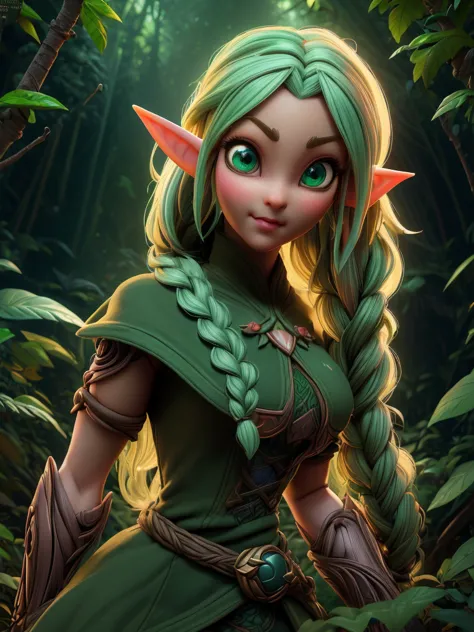 ((female cute elf portrait)), (anatomical biometrical hands), in a jungle, two braid hair, perfect body shape, ((wearing cute el...