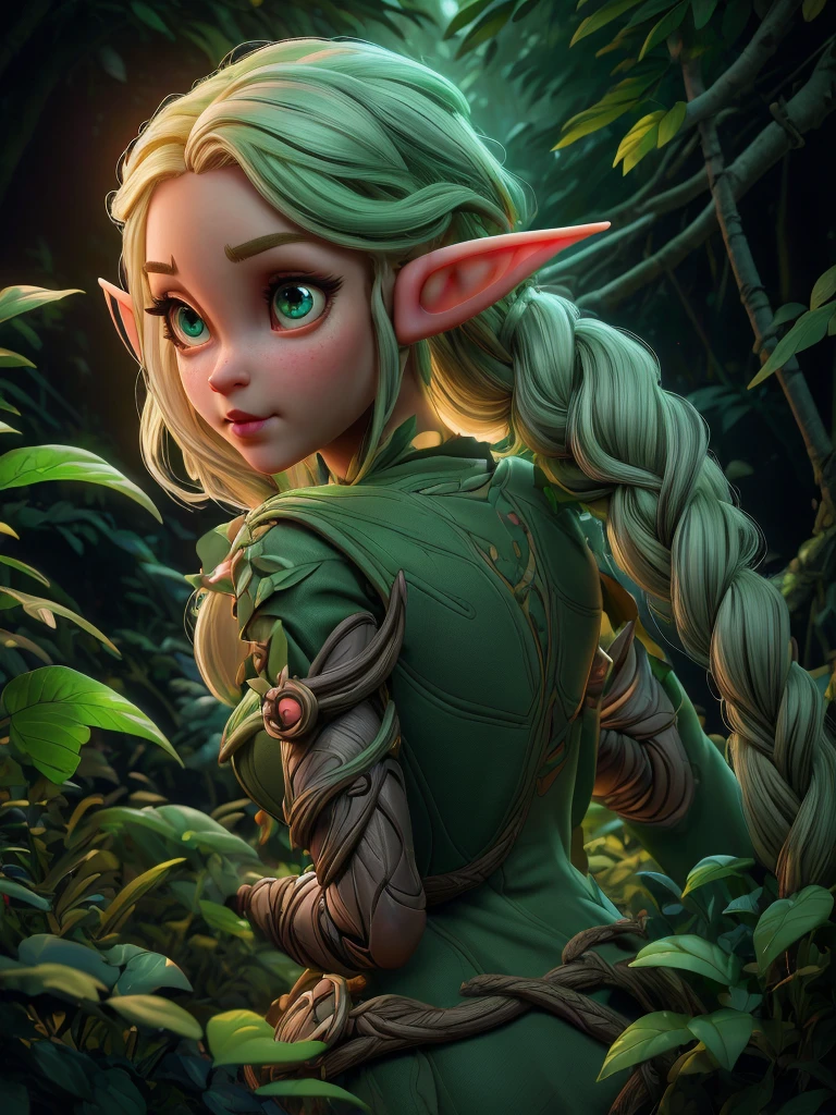 ((female cute elf portrait)), (anatomical biometrical hands), in a jungle, two braid hair, perfect body shape, ((wearing cute elf dress)), cute face, full body, looking back (hyper detailed eyes, hyper detailed face), 16k, 8k, RAW photo, best quality, masterpiece, high detail RAW color photo, dramatic lighting, cinematic lighting, back light, professional lighting