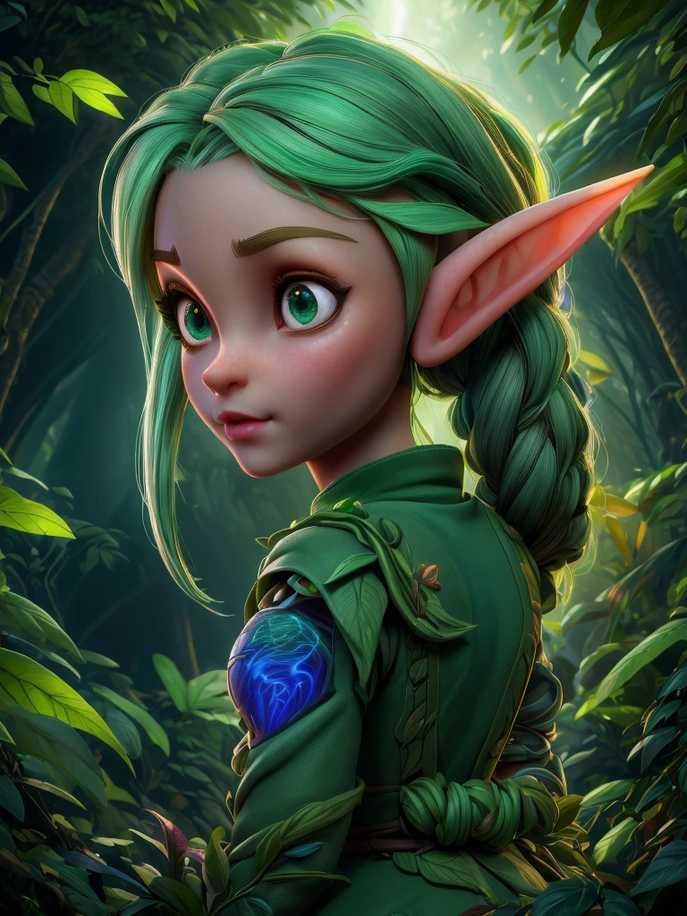 ((female cute elf portrait)), (anatomical biometrical hands), in a jungle, two braid hair, perfect body shape, ((wearing cute elf dress)), cute face, full body, looking back (hyper detailed eyes, hyper detailed face), 16k, 8k, RAW photo, best quality, masterpiece, high detail RAW color photo, dramatic lighting, cinematic lighting, back light, professional lighting