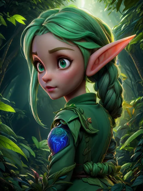 ((female cute elf portrait)), (anatomical biometrical hands), in a jungle, two braid hair, perfect body shape, ((wearing cute el...