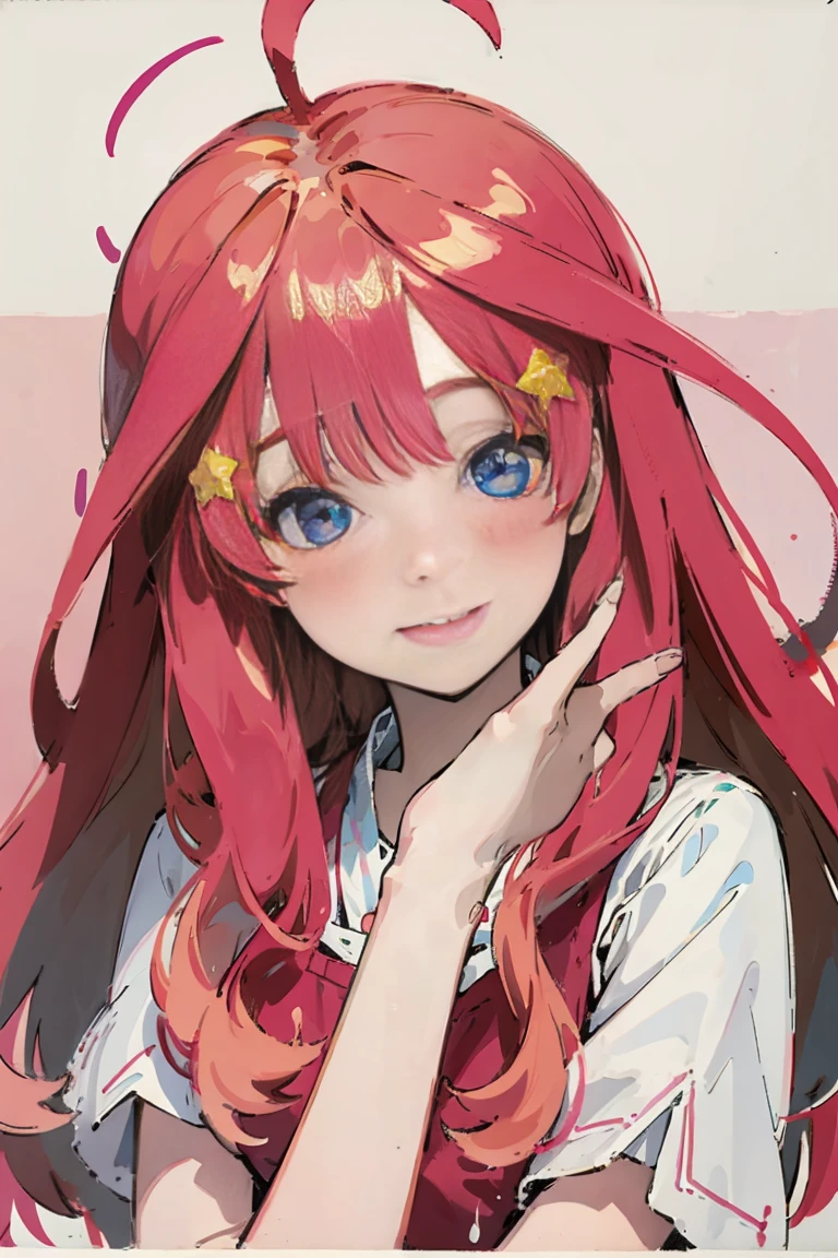 ((best quality)), ((masterpiece)), (detailed), perfect face, 1girl, nakano itsuki, smiling, whimsical, triad color pallette, dynamic pose, 4k, extremely fine illustration, looking at viewer, pink water droplets, smiling, flat colouring, full body, blank space on the left, fluffy red hair, star hairclips