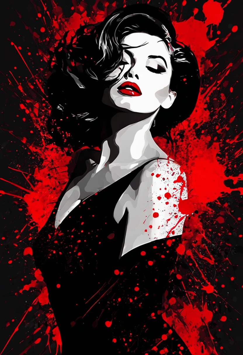 Explore the depths of darkness and passion with this striking digital artwork featuring a seductive woman adorned in a black dress, her ruby red lips a stark contrast against the bold red and black splatters that surround her.