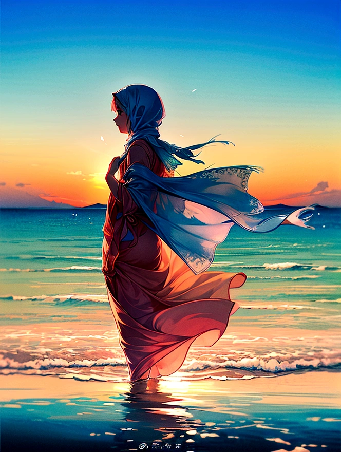 Create a watercolor painting of a person standing at the edge of the sea, facing the horizon. The scene should depict gentle waves lapping at the shore and a clear sky overhead. Woman wearing Muslim hijab. The person is dressed in a flowing, light-colored robe with a dark headscarf, their back facing the viewer. The composition should emphasize the serene and tranquil atmosphere, capturing the interplay of light and shadow on the water and the person's clothing. Use soft, fluid brushstrokes and pastel colors to create a dreamy, soothing effect.