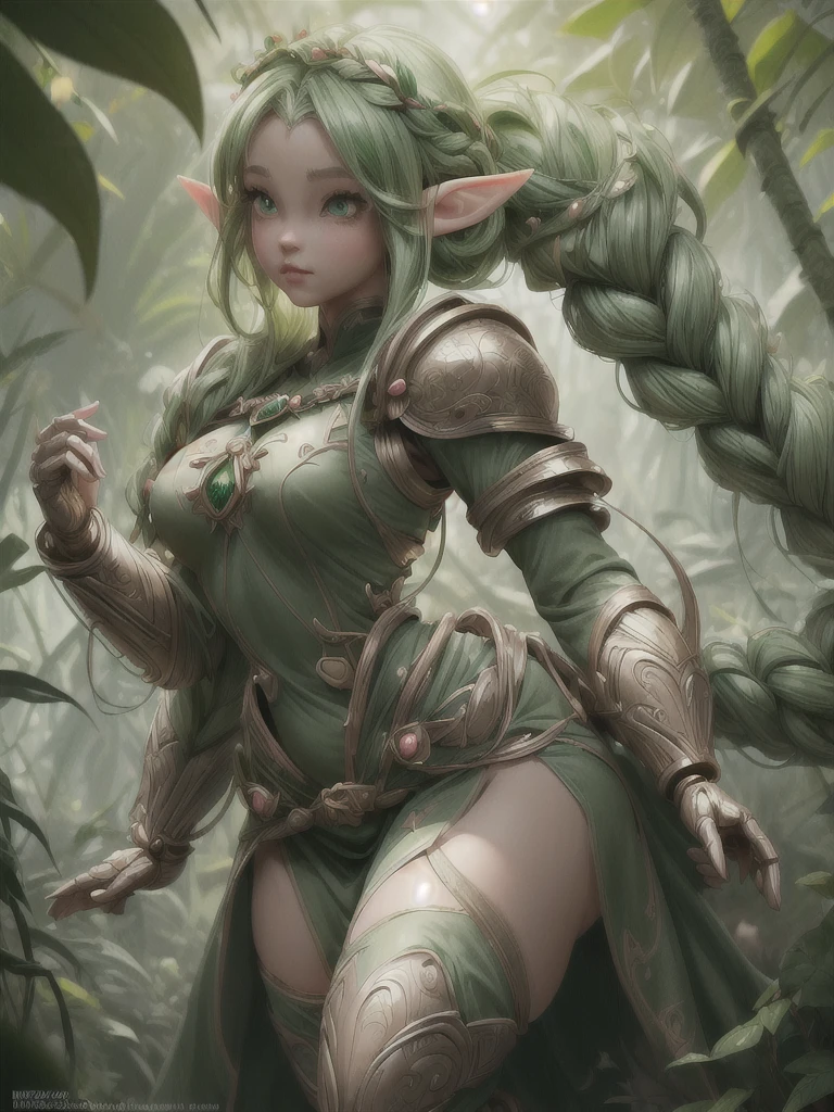 ((female cute elf portrait)), (anatomical biometrical hands), in a jungle, two braid hair, perfect body shape, ((wearing cute elf dress)), cute face, full body, looking back (hyper detailed eyes, hyper detailed face), 16k, 8k, RAW photo, best quality, masterpiece, high detail RAW color photo, dramatic lighting, cinematic lighting, back light, professional lighting