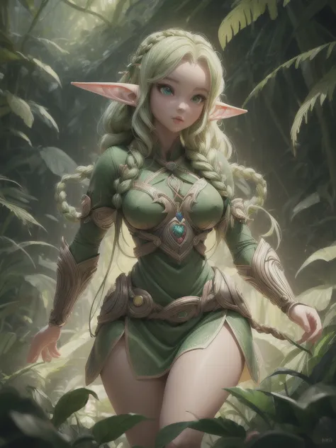 ((female cute elf portrait)), (anatomical biometrical hands), in a jungle, two braid hair, perfect body shape, ((wearing cute el...