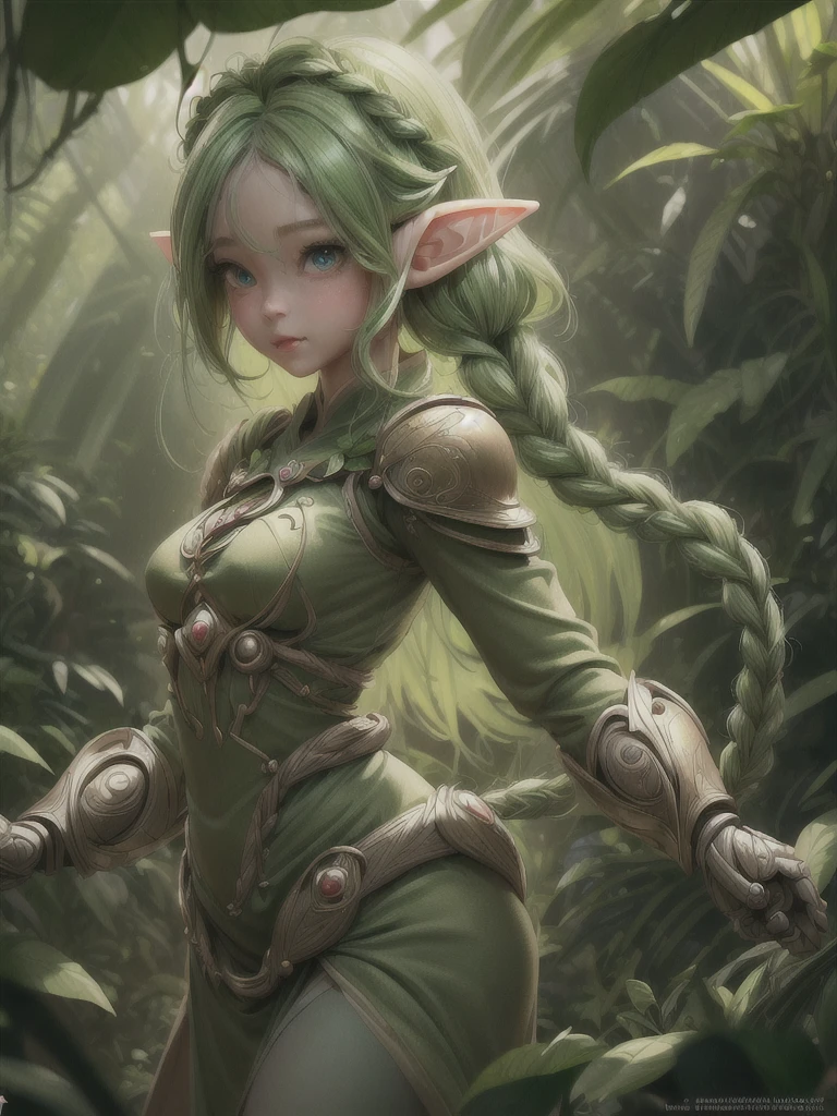 ((female cute elf portrait)), (anatomical biometrical hands), in a jungle, two braid hair, perfect body shape, ((wearing cute elf dress)), cute face, full body, looking back (hyper detailed eyes, hyper detailed face), 16k, 8k, RAW photo, best quality, masterpiece, high detail RAW color photo, dramatic lighting, cinematic lighting, back light, professional lighting