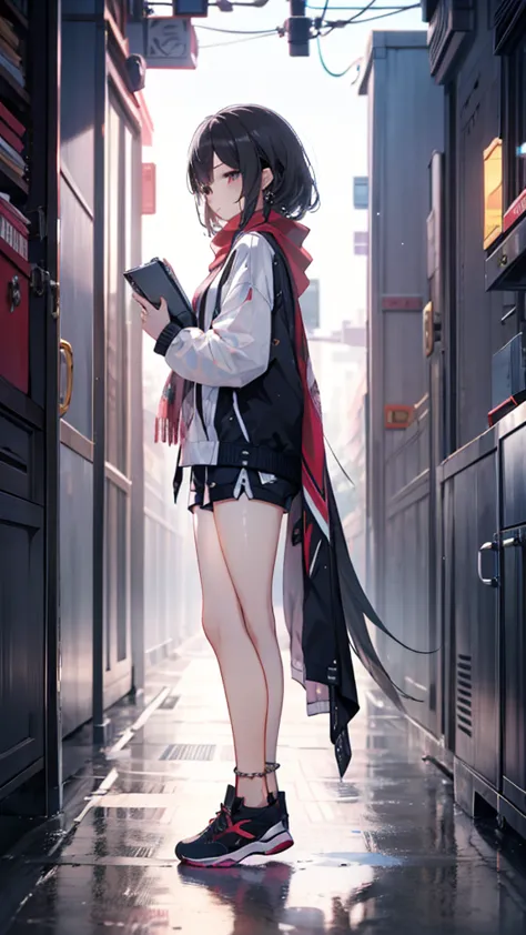 1girl,,legwear,,anklet,black hair,straight_hair,hime cut,long hair,sneakers,huge filesize,scarf，shorts