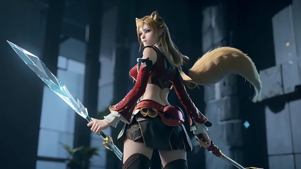 from below，Super Resolution, (Realism: 1.3), 1 (Slim: 1.2) Girl, Solo, Looking at the Audience, League of Legends, Fox, KDA Fox, Blonde Hair, Fox Ears, Fox Tail, Blue Coat, White Top, Black Skirt, Laser, Light Effect, Super Perfect Face, Perfect Eyes, Good Looking, ((Crystal Tail,)) Lots of Tails, Perfect Eyes