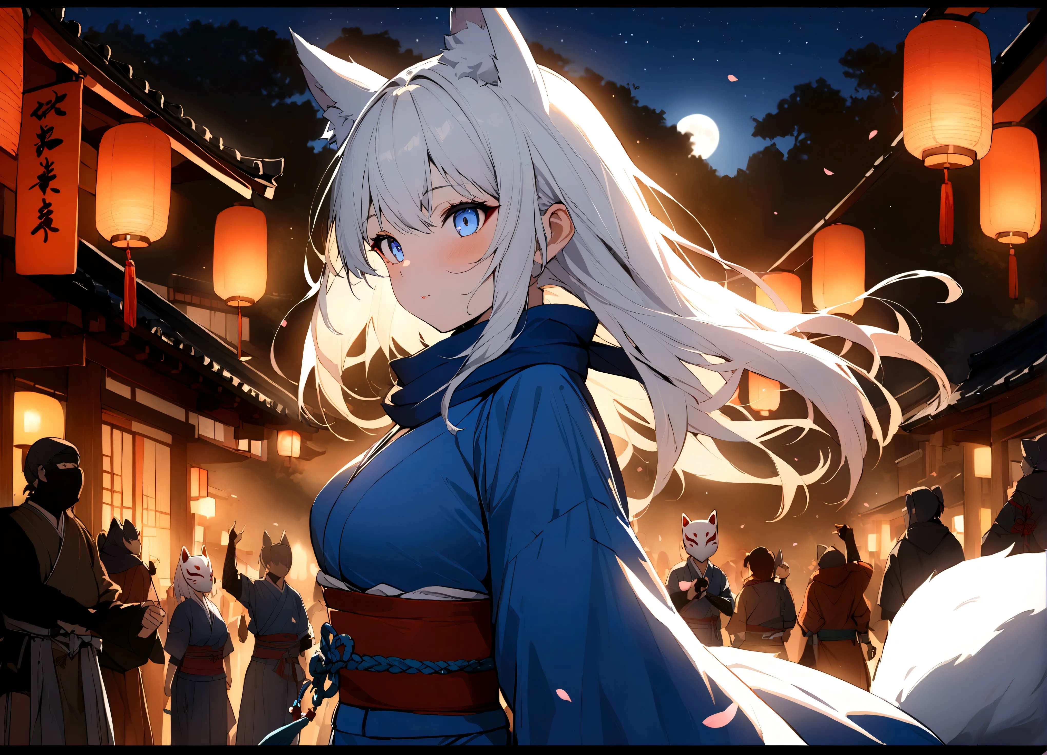 (masterpiece, best quality:1.2), 1girl, 独奏,wolf girl, fox mask, ninja, girl, long white hair, odd eyes, blue kimono, ninja girl,...