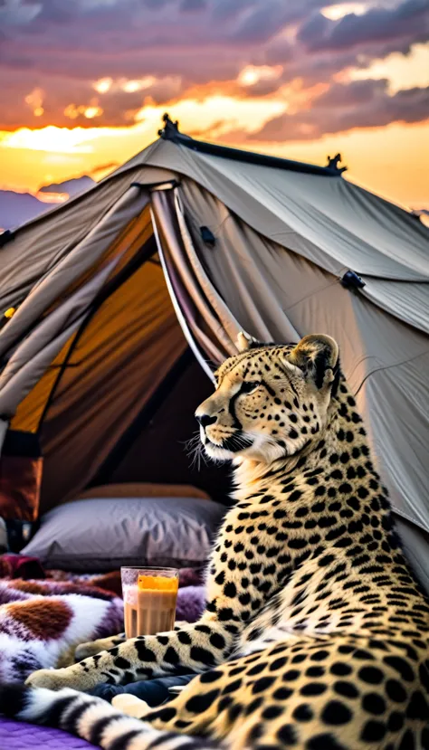 Highest quality、Masterpiece、Sunset Savanna、tent、tentで寝る冒険家女性:1.37、sleeping bag、Sleeping with a cheetah、
