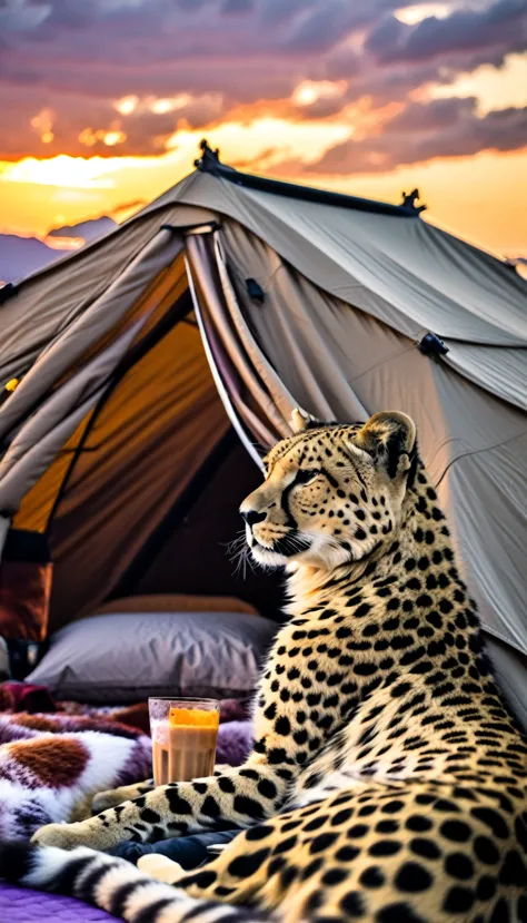 highest quality、masterpiece、sunset savanna、tent、tentで寝る冒険家女性:1.37、sleeping bag、sleeping with a cheetah、