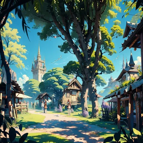 anime style, ELVEN VILLAGE, long shot of Elven villagers in the background, going about their daily activities. Quaint, pathways...
