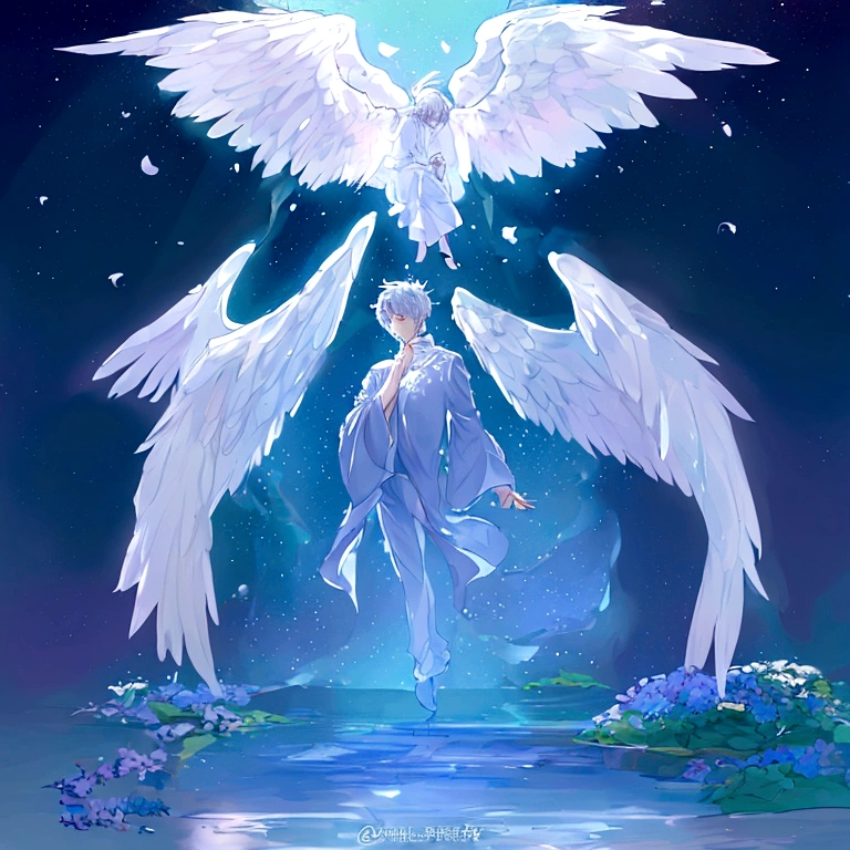 1boy, smelling a flower, sleepy, tranquil, serene, youthful, angel wings, white hair, fullbody, fullbody pose, dynamic pose, creative pose, in the style of zoru