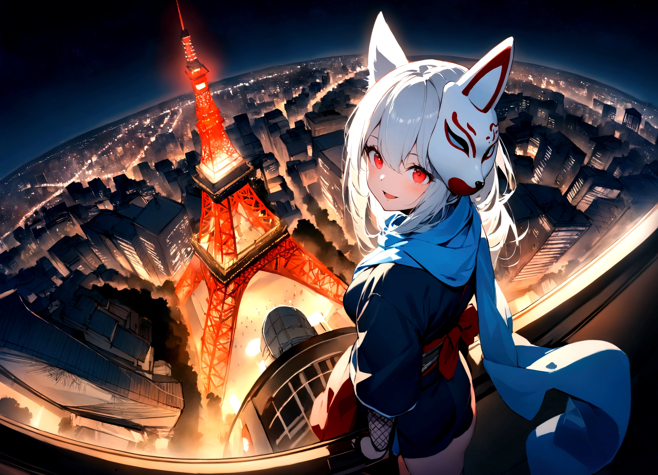 smiling、Double teeth、Green and Blue Odd-Eye、A long scarf in two-tone red and blue、Climb Tokyo Tower and look down on the cityscape、View from Tokyo Tower(masterpiece, best quality:1.2), 1girl, 独奏,Wolf girl, fox mask, ninja, girl, long white hair, odd eyes, blue kimono, ninja girl, red and blue scarf,Dancing Cherry Blossoms,Full moon backlighting, light coming in, fantastic atmosphere.night、Shadows of light and darkness、Eyes glowing in the dark、Black fox mask、Fisheye Lens、Expansive starry sky、long hair that spreads、Looking up from afar、Overlooking the city from atop a large cherry tree、View from Tokyo Tower