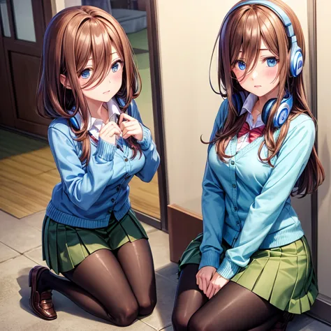 brown hair 、green skirt、light blue cardigan、semi-long hair、blue headphones、black pantyhose、brown loafers、red blush