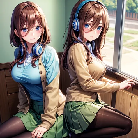 brown hair 、green skirt、light blue cardigan、semi-long hair、blue headphones、black pantyhose、brown loafers、red blush