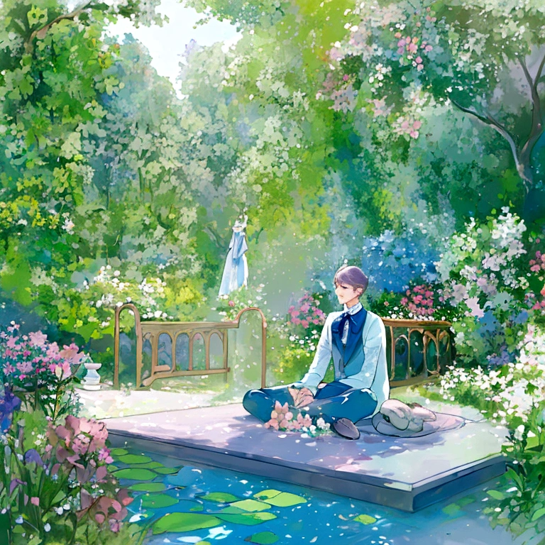 1 menino, cheirando uma flor, com sono, tranquilo, sereno, jovem, corpo todo, corpo todo pose, pose dinâmica, pose criativa, em um jardim, sentado, Tons pastel