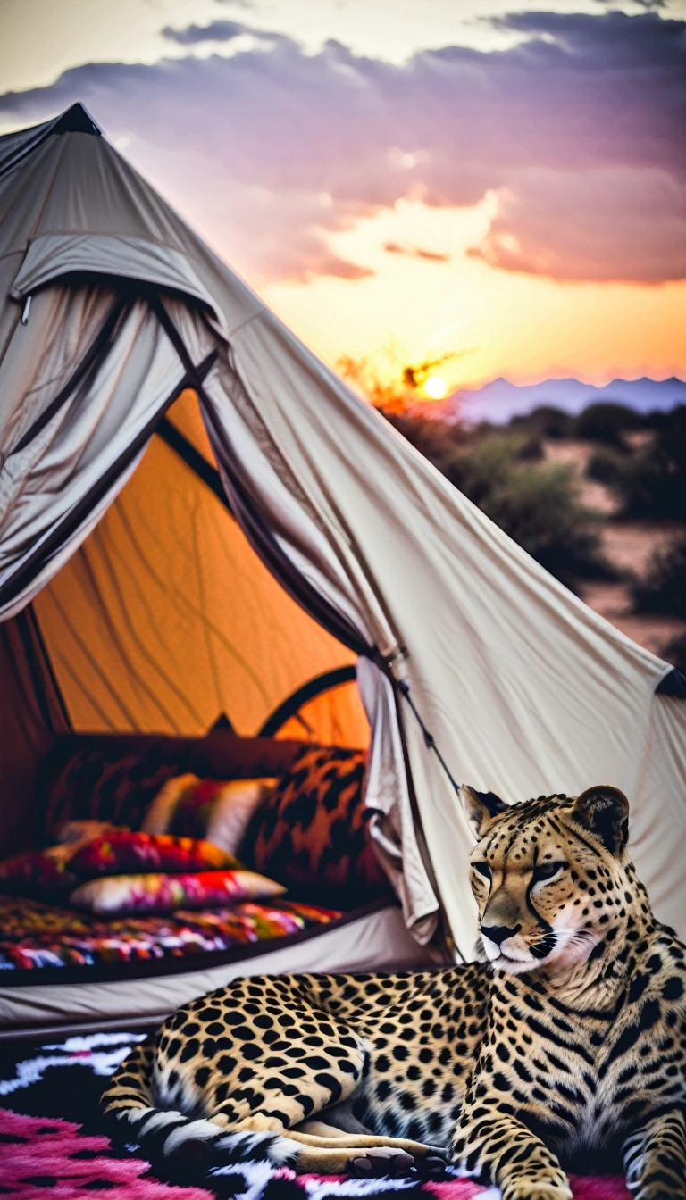 la plus haute qualité、chef-d&#39;œuvre、Savane au coucher du soleil、tente、tenteで寝る女性:1.37、sac de couchage、Dormir avec un guépard、