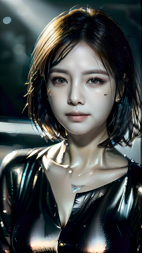 (RAW photo, best quality), (realistic, photo-realistic:1.2), 1girl, high quality, (high detailed skin:1.4), puffy eyes, gorgeous hair,  (dark room:1.3), (rim lighting:1.3), (dimly lit:1.3), (dark night:1.3), covered in silver paint portrait, black hair, dark background, short hair,