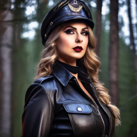 beautiful ((similing)) relytvil posing in (dynamic pose) as a world war 2 diesel punk army officer, black leather uniform with c...