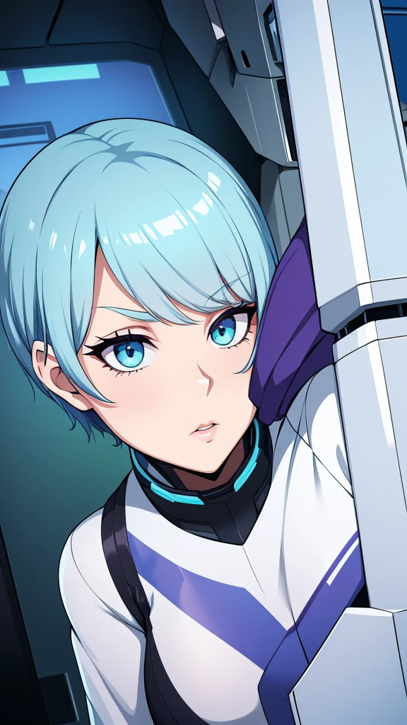 a sexy elite girl, beautiful, tall, wavy light blue hair, short cut, short forehead, her soft green eye, purple eyelashes, she wears a robotic metallic top, a military ship&#39;s aerial suit and pants, a gray military aerial suit&#39;s armor, black gloves, her hand, her back, her elite wing position.