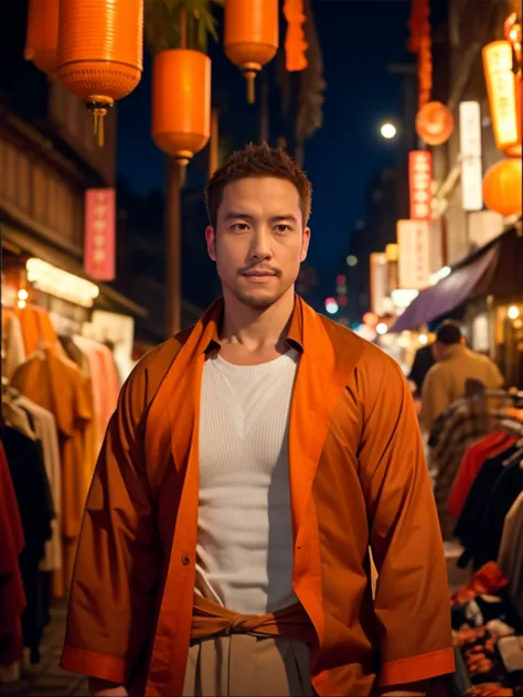 dim orange moonlighting,dim orange neonlighting,night,A beautiful man wearing  on the bustling streets of Gintama, surrounded by...