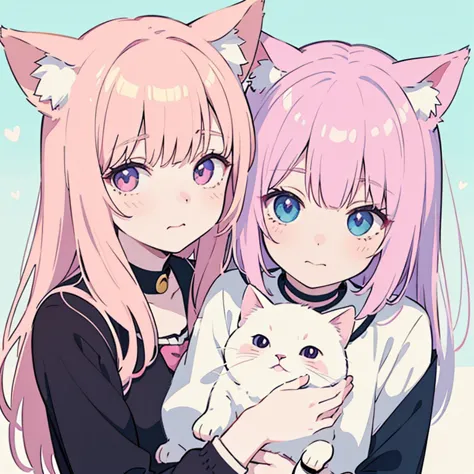 anime girl，pink hair，holding a cat in your arms, anime image of a cute cat, cute anime catgirl, anime image of a cute girl, kawa...