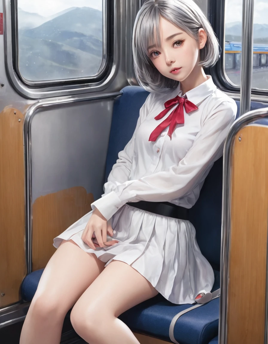 nsfw、BREAK Perfect Anatomy、Highest quality、(cute:1.1)、(cute)、(High resolution:1.2)、Unbelievably absurd:1.3、Incredible illustrations、(cuteイラスト:1.2)、（Beautiful background、Inside a crowded train）(1 girl) 、solo)、(10th Generation、JK)、slender、 legs apart、sobbing、rolling eyes、tongue out:1.3,、、、Eye highlights、embarrassed、、1girl(Silver Hair、Very Long、beret、Cotton shirt、Check skirt、school bag、Glasses、Headphones（spats、half undress））(Rear insertion position, Sex preparation:1.2),Appealing pussy, (I put my hands on the door and turned around、lying on back), (female masturbation:1.4、crotch grab:1.3、pussy juice:1.4、peeing:1.3,cameltoe:1.5),、、、Eye highlights、spitroast、4boy(penis)