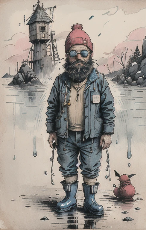 old man, beard, (wearing a blue loose-fitting flightsuit), ((large rain boots)), (wearing a pink beanie), (sunglasses are tinted), in a dark warehouse