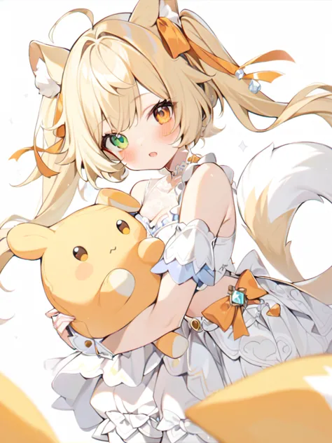 1girl, animal ears, bangs, bare shoulders, blonde hair, blush, bow, breasts, white cleavage, cropped torso, , green eyes, hair r...