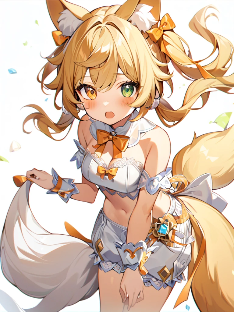 1girl, animal ears, bangs, bare shoulders, blonde hair, blush, bow, breasts, white cleavage, cropped torso, , green eyes, hair ribbon, heterochromia,  stlooking at viewer, open mouth, orange bow, orange eyes, orange ribbon, ears like an unearthly animal, fluffy tail, light tail, real tail, ribbon, solo, stuffed animal, stuffed bunny, stuffed toy, twintails, upper body, full-length, white legbands, white shoes with lace and white bows, white background, wrist cuffs, yellow eyes, bloomers, close-up, fair skin frills, lace, midriff, skirt, solo, , white background,shorts, white top with ribbon and lace and trousers,trousers, genshin,white slippers with a bow,All clothes are white, laceAt full height, it stands, в полный рост