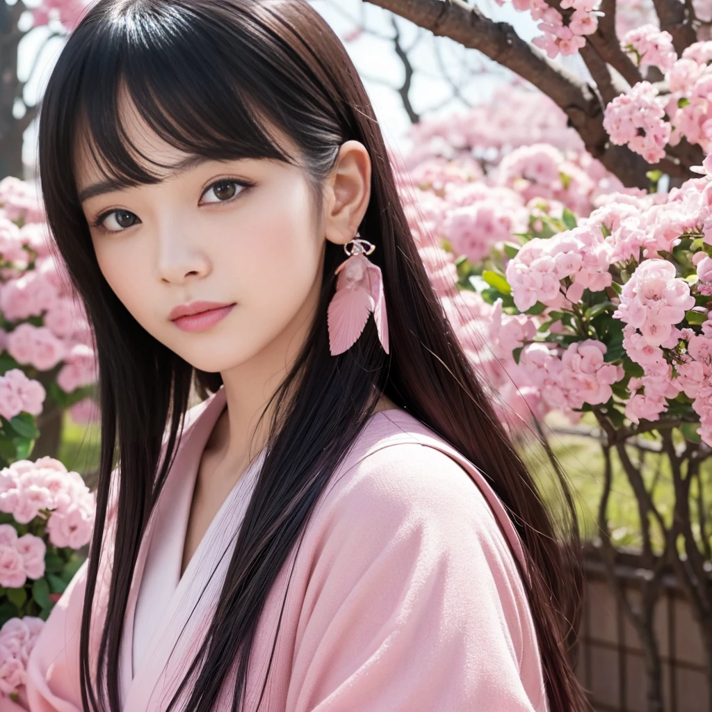 Highest quality，masterpiece，Very detailed, 8K，Beautiful Japan woman at 32 years old:1.5, blunt bangs, Black Hair, Small face, (A gorgeous pink magical girl heroine&#39;s mechanical costume:1.5, Breast Augmentation Surgery)、　Ecstatic expression、　Crucifixion、　torture、　Angel wings、　Pink tubes connected to the body