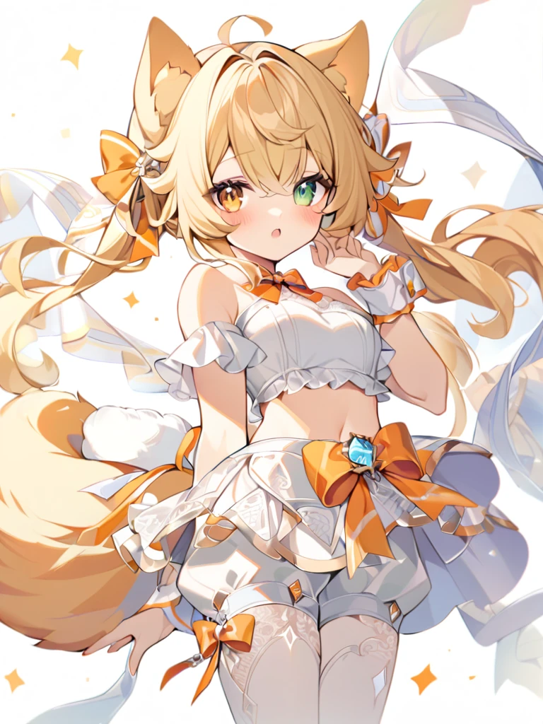 1girl, animal ears, bangs, bare shoulders, blonde hair, blush, bow, breasts, white cleavage, cropped torso, , green eyes, hair ribbon, heterochromia,  stlooking at viewer, open mouth, orange bow, orange eyes, orange ribbon, ears like an unearthly animal, fluffy tail, light tail, real tail, ribbon, solo, stuffed animal, stuffed bunny, stuffed toy, twintails, upper body, full-length, white legbands, white shoes with lace and white bows, white background, wrist cuffs, yellow eyes, bloomers, close-up, fair skin frills, lace, midriff, skirt, solo, , white background,shorts, white top with ribbon and lace and trousers,trousers, genshin,white slippers with a bow,All clothes are white, laceAt full height, it stands, в полный рост,One tail, fluffy 