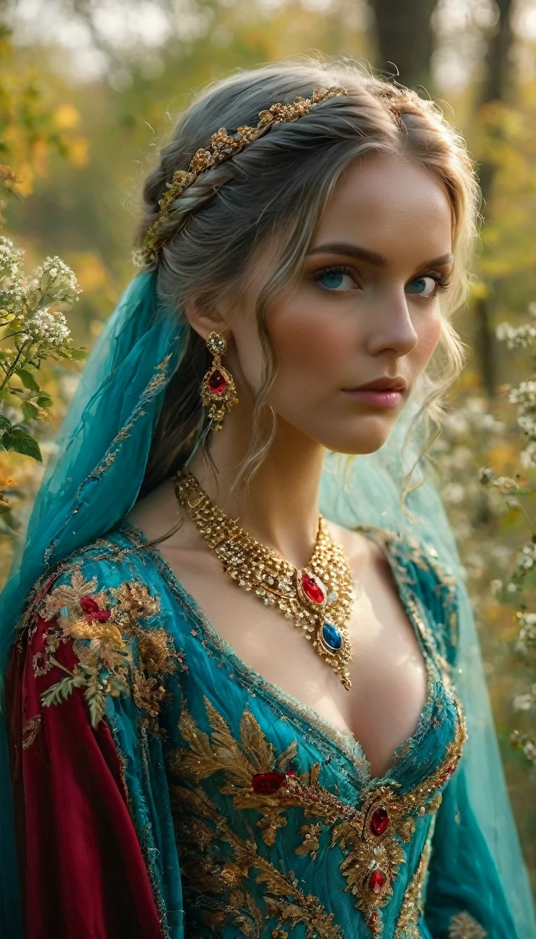 Generate a (hyperdetailed, realistic, Full Body), photo of Nia, (((turquoise color eyes))), (((long, silky, straight, Ombre blend of shimmering silver and celestial blue hair))), (((Position Nia with her long, silky hair styled in an elegant, low bun with sections of hair intricately braided and pinned back, adorned with small, delicate flowers woven into the braids))), (fair skin:1.4), (((Massive round natural breasts with deep cleavage))), (Massive round natural Breasts:1.8), (Greek and Russian mix ethnicity), (hourglass figure, perfect body, NSFW, perfect anatomy, masterpiece, best quality).(((She is wearing a flowing, floor-length Golden color medieval-style dress in rich Crimson Red jewel tones, the soft fabric complementing her curves. The dress features lace-up details, long sleeves, and intricate embroidery))) Nia strolls through the castle gardens, stopping to admire the vibrant flowers and lush greenery. Her medieval dress contrasts beautifully with the natural surroundings, and her braided hair with small flowers adds to the romantic, historical feel. The sunlight filters through the trees, casting dappled shadows on the path. She wears a gold necklace with delicate round gold locket, its surface adorned with the symbol of an OWL. She is wearing a flowing, floor-length Golden color medieval-style dress in rich Crimson Red jewel tones. 8k, (Fit, Athletic, Tall), (Massive Breasts), (Highly detailed facial and skin texture), (Best quality, ultra detailed, Golden ratio, Masterpiece:1.2), (Theatrical lighting:0.7, Perfect rare face), (Highly detailed skin), skin texture, Pale skin, shiny skin, (thin, large size:1.2), [:(Sharp focus on rare face, perfect eyes:1.2):0.2], hyperdetailed photography, UHD, realistic skin texture, shot with Canon EOS 5D Mark IV and Canon EF 50mm f/1.4 USM lens, highly detailed.
