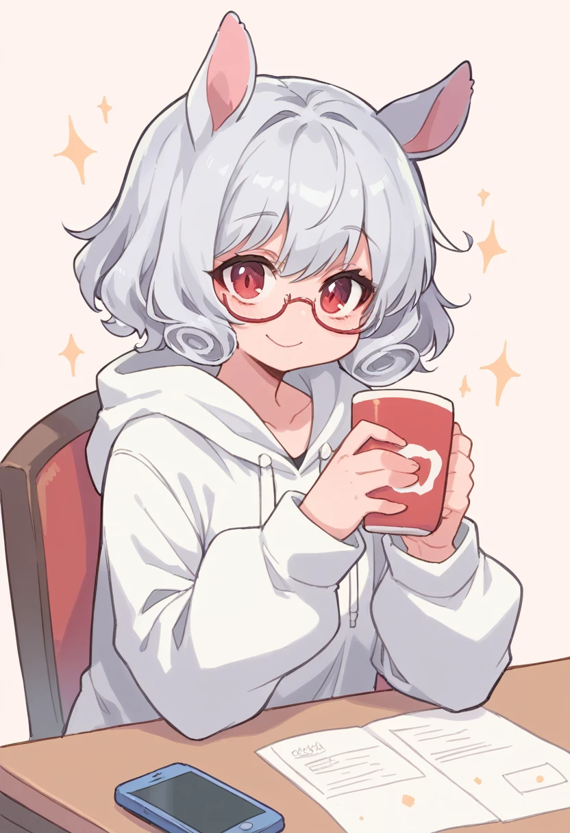 ,NSFW,1girl,Girl with horse ears and tail,Silver Hair,Red eyes,Curly medium short hair,Square glasses,Wearing a large white coat,hoodie,,Dairy-free,garter belt,smile,Sit on a chair,desk,Character portrait,full Art,machine,Phone in hand,Hold the phone to your ear,Mug in hand