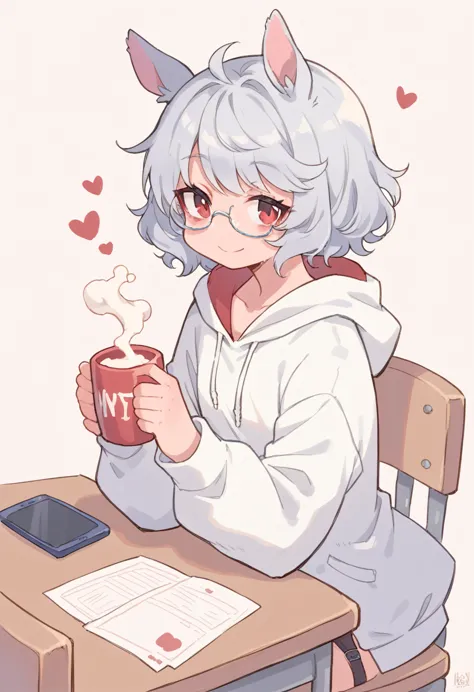 ,NSFW,1girl,Girl with horse ears and tail,Silver Hair,Red eyes,Curly medium short hair,Square glasses,Wearing a large white coat...