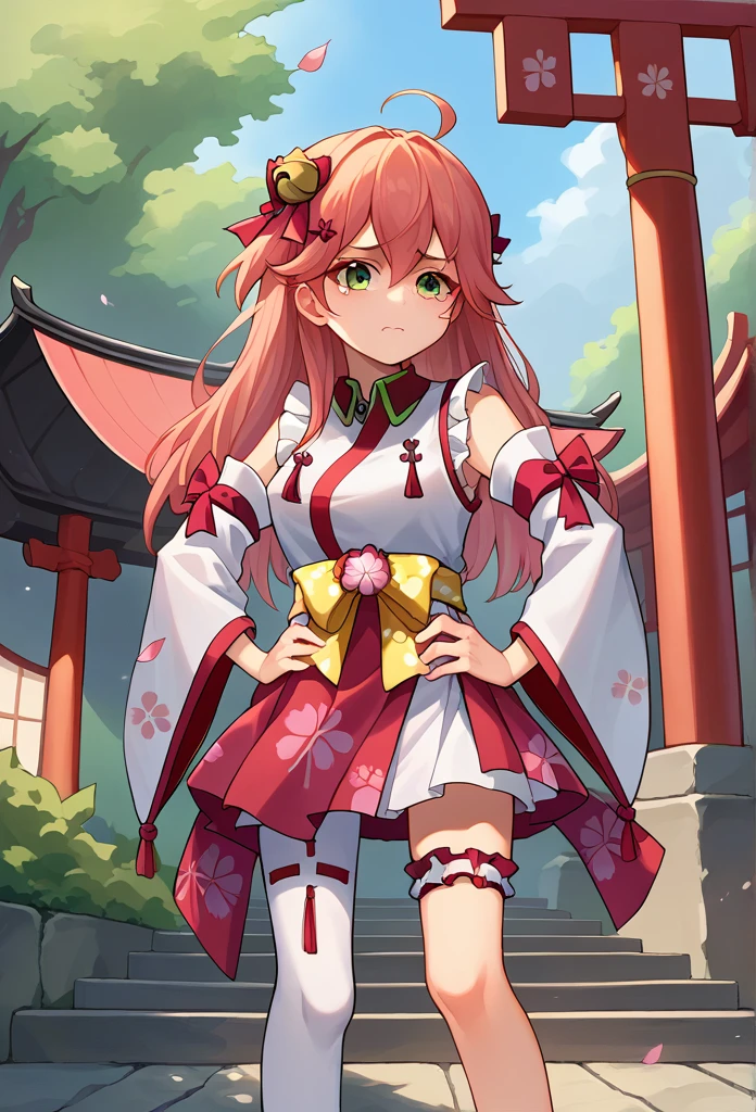 score_9, score_8_superior, sauce_anime, One girl, alone, Miko Base, Long Hair, Ahoge, one side superior, Hair Bell, Cherry blossom print, Non-traditional Shrine Maiden, Frills, Single knee socks, Bridal Garter, Hands on hips, Outdoor, shrine, cry, cowboy shot, tears