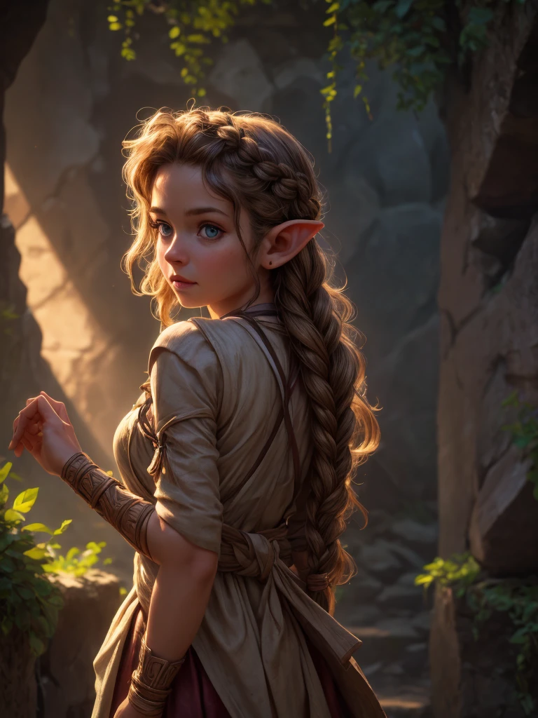 looking back elf girl portrait, curly two braid hair, 8k, RAW photo, best quality, masterpiece, high detail RAW color photo, dramatic lighting, cinematic lighting, back light, professional lighting