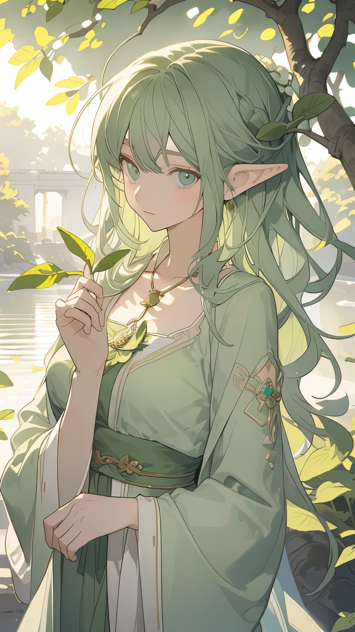  ((((perfectly painted, hyper-realistic, ultra high resolution)))), 1woman, sitting, (((Herbeaute:1, sage:1, elven:1)), [botanical attire], (long, flowing, dark green robes), (long, wavy, emerald green hair), (pointed elven ears), (youthful face), (kind and gentle eyes), ((outdoor, floral background, dappled sunlight)), (imposing flowers behind her), (leaning against a tree), (holding a heart-shaped leaf), (peaceful expression), (heartshaped amulet around neck), ((rolled up parchment in hand)), ((fingertips tracing the parchment)), ((close-up)), 30 years old, (((calm and serene)))