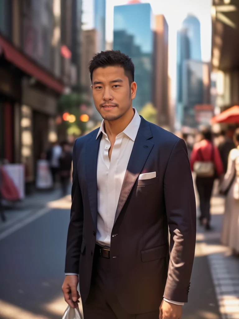 (8k, RAW photo, best quality, masterpiece: 1.2), (realistic, photorealistic: 1.37), 1 man in suit standing on the sidewalk, cityscape, day, sunny morning, professional lighting, photon mapping, radiosity, Asian man, torn, shirt, man in suit, silk suit