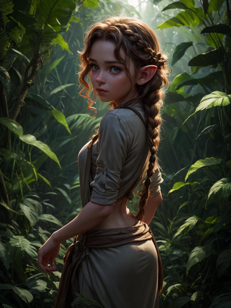 looking back elf girl portrait, curly two braid hair, in a jungle, 8k, RAW photo, best quality, masterpiece, high detail RAW color photo, dramatic lighting, cinematic lighting, back light, professional lighting