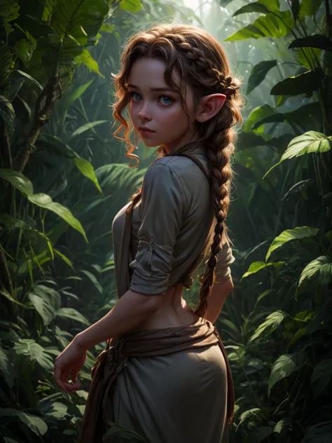 looking back elf girl portrait, curly two braid hair, in a jungle, 8k, raw photo, best quality, masterpiece, high detail raw col...