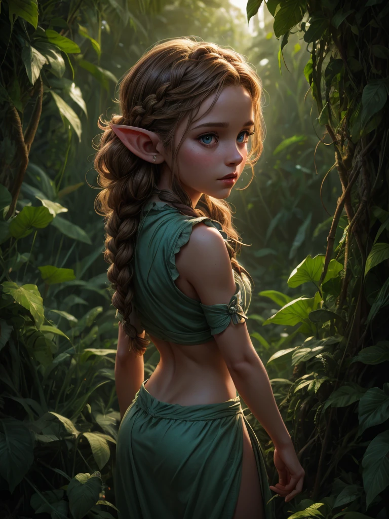 looking back elf girl portrait, curly two braid hair, in a jungle, 8k, RAW photo, best quality, masterpiece, high detail RAW color photo, dramatic lighting, cinematic lighting, back light, professional lighting