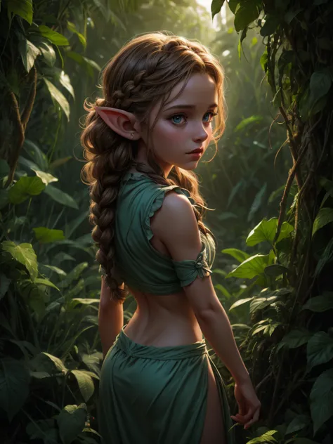 looking back elf girl portrait, curly two braid hair, in a jungle, 8k, RAW photo, best quality, masterpiece, high detail RAW col...