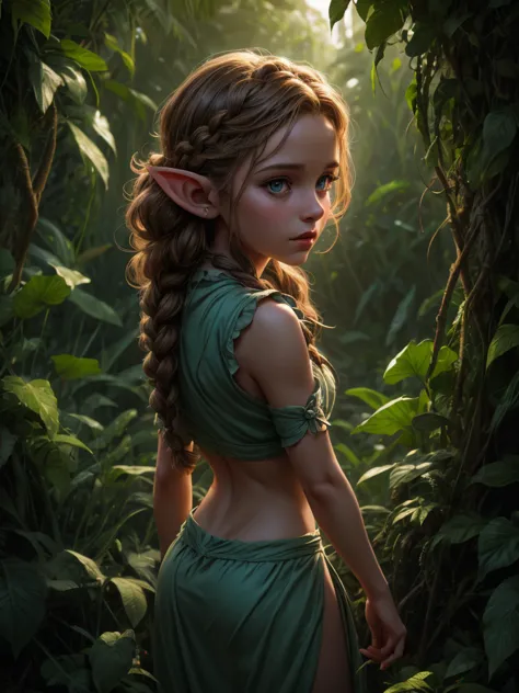 looking back elf girl portrait, curly two braid hair, in a jungle, 8k, raw photo, best quality, masterpiece, high detail raw col...