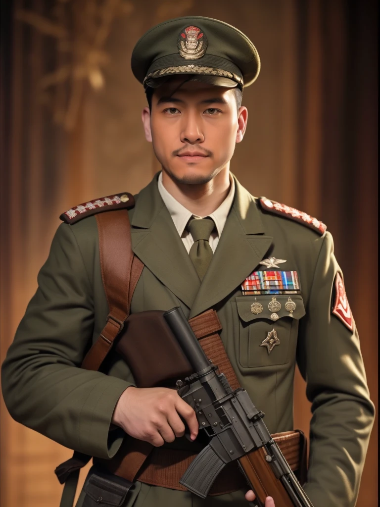 masterpiece, best quality, 1boy, cowboy shot, delicate eyes, military uniform,  AK-47, AKM, kalashnikov_rifle, assault_rifle, holding_gun